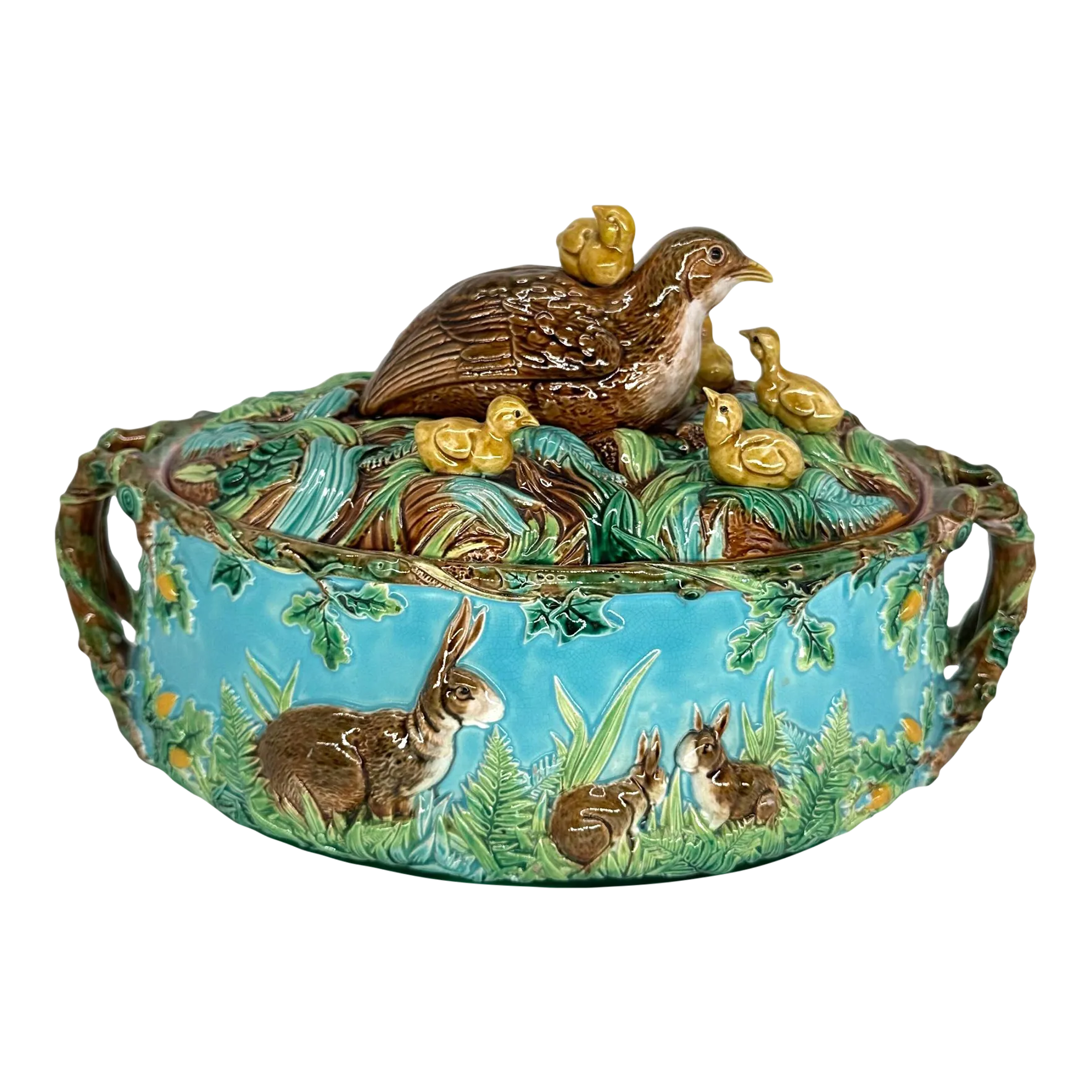 A George Jones Majolica Game Tureen With a Quail and Her Chicks