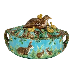 A George Jones Majolica Game Tureen With a Quail and Her Chicks, English, 1874