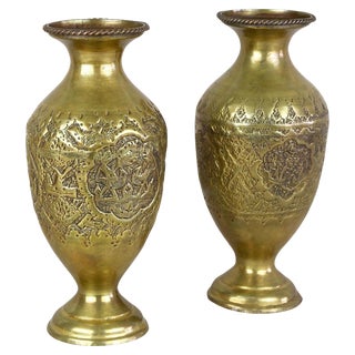 Antique Biedermeier Chased Brass Vases, 1860, Set of 2 For Sale