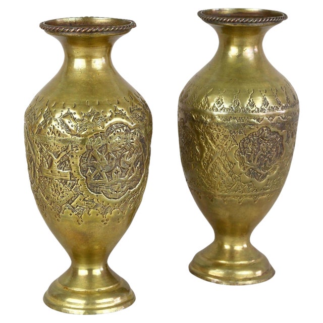 Antique Biedermeier Chased Brass Vases, 1860, Set of 2 For Sale
