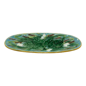 George Jones Majolica Pond Lilies and Bullrushes 10-In Tray, English, C. 1875