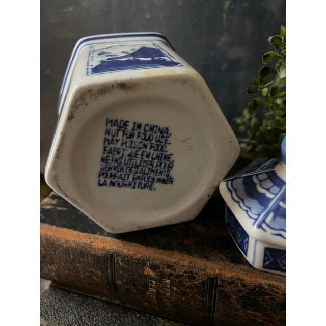 Lovely blue and white ceramic shaped in a hexagon, lid following same shape. Presented in a crisp white with rich royal...