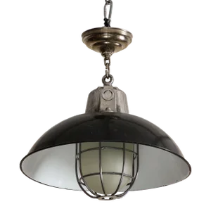 Pair of Midcentury Industrial Style Cage Pendant Lights With Black Enamel Shade