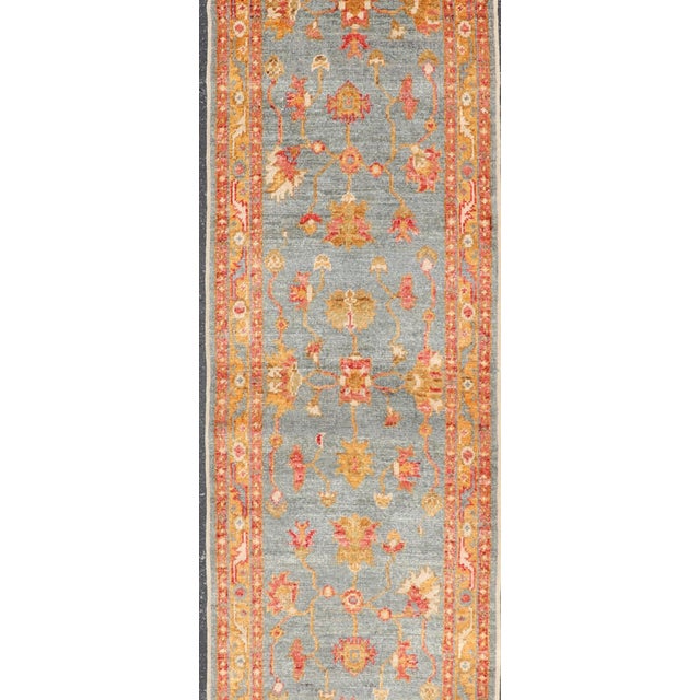 Turkish Angora Oushak Runner With Denim Blue Field and Rust Motifs For Sale - Image 4 of 13