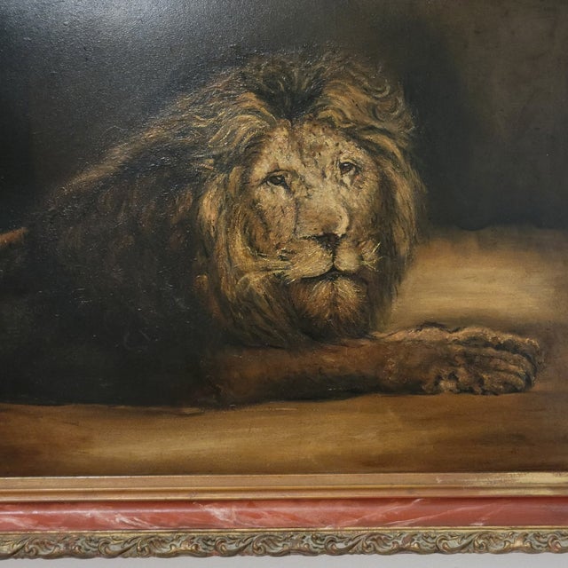 A compelling antique oil painting depicting a reclining lion. The composition favors atmosphere over drama, allowing the...