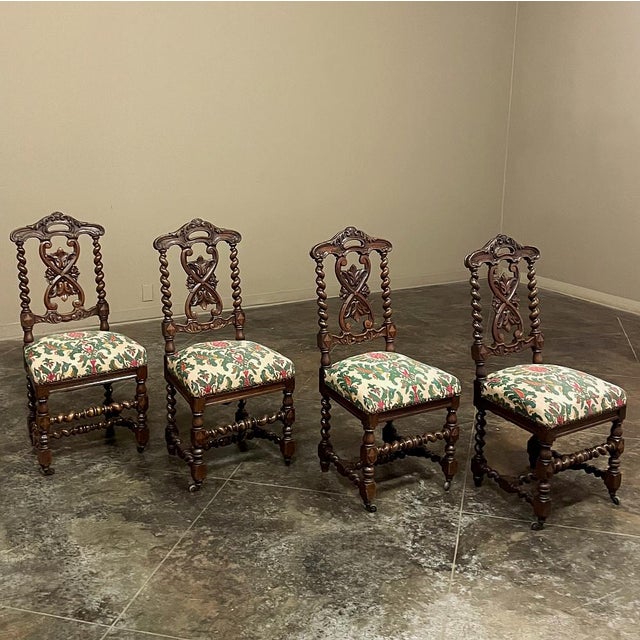 Late 19th Century Set of Four 19th Century Renaissance Revival Louis XIII Style Barley Twist Side Chairs in Solid Oak For Sale - Image 5 of 15