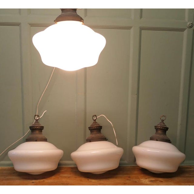 Industrial Large Industrial Ceiling Lights with Glass Shades, 1930s, Set of 4 For Sale - Image 3 of 8