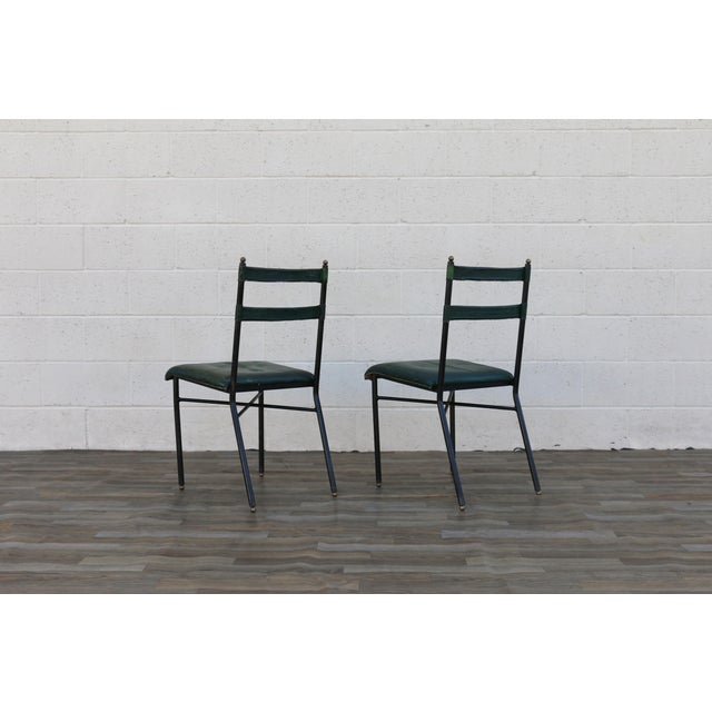 Pair of Jacques Adnet Distressed Green Leather & Black Metal Dining Chairs, France 1950s For Sale - Image 13 of 18
