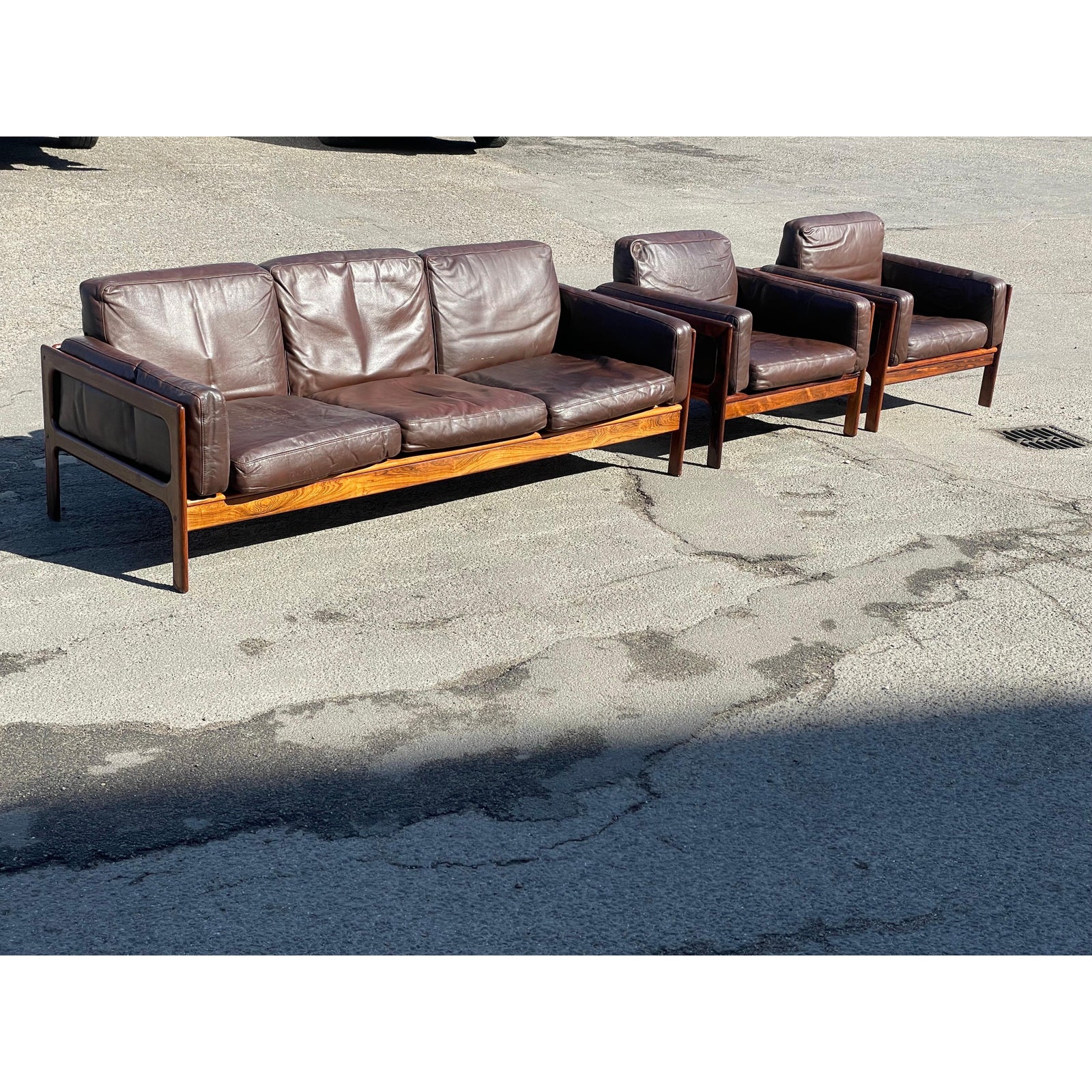 Mid-Century Modern Danish Living Room Set in Rosewood and Leather by Arne Wahl Iversen, 1970s, Set of 3