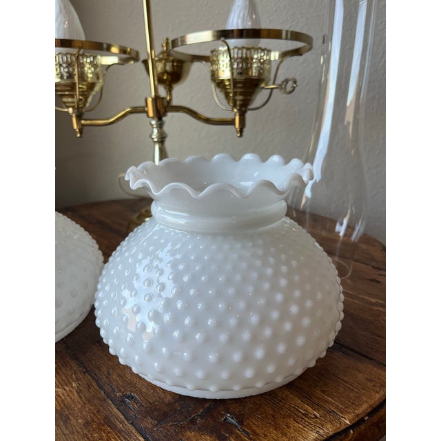 Vintage Milk Glass Double Arm, Double Globe Student Lamp Classic Fenton Hobnail For Sale - Image 10 of 12