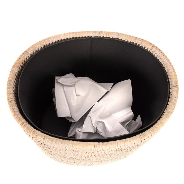 2020s Artifacts Rattan Oval Waste Basket with Metal Liner in White Wash - 11" For Sale - Image 5 of 7