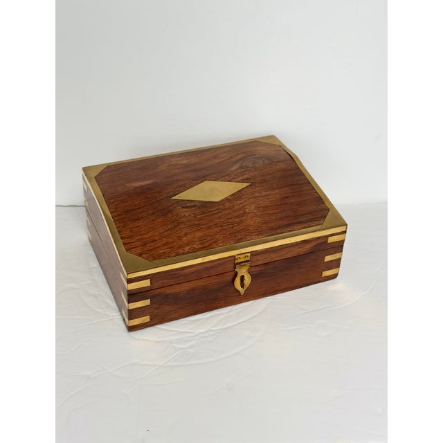 Vintage Mid-20th Century Brass Inlaid Wooden Rectangular Decorative Box For Sale - Image 4 of 7