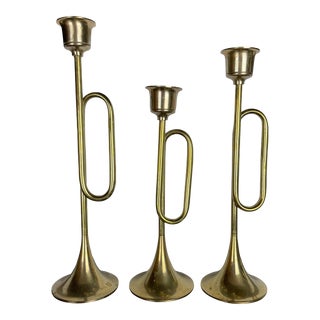 Vintage Brass Trumpet Horn Holiday Candle Holders - Set of 3 For Sale