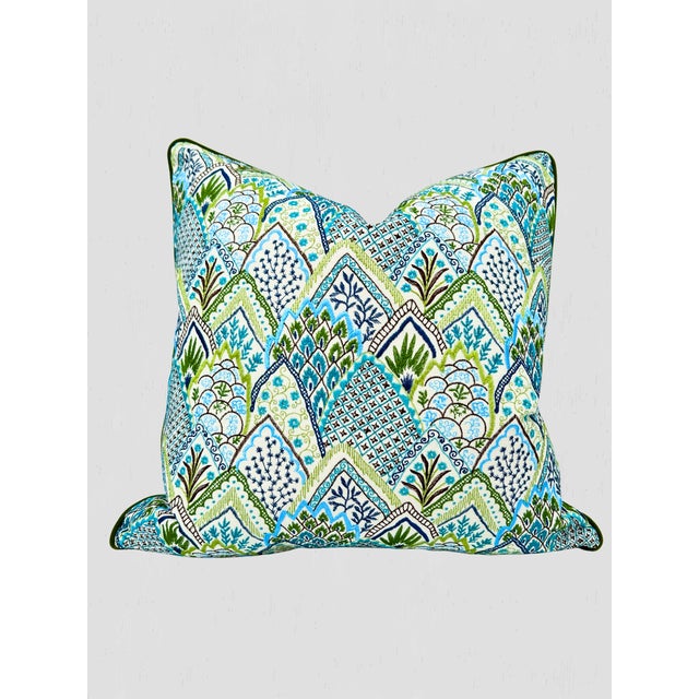 Schumacher Albizia Embroidery Fabric / Blue & Green Pillow Pair For Sale In Greensboro - Image 6 of 11