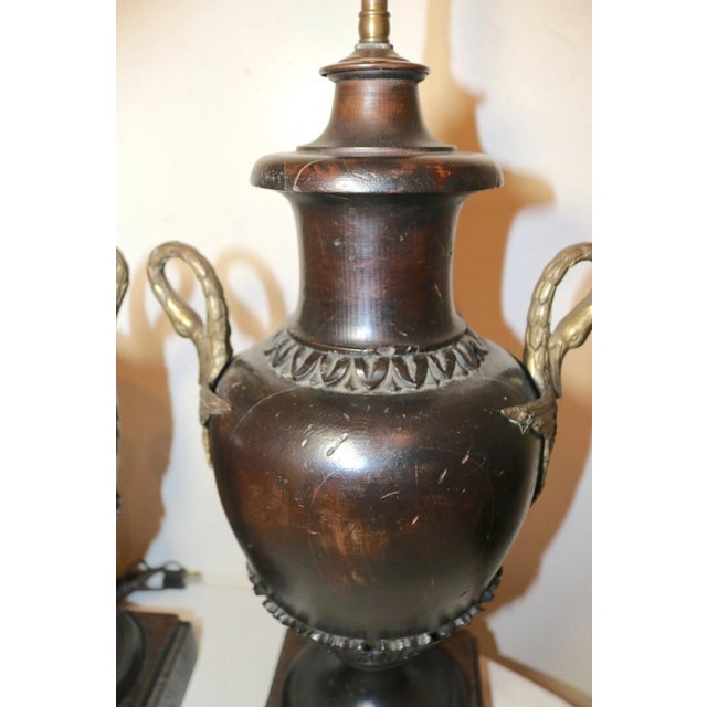 1940s Pair of 2 Large Antique Hand Carved Wood Brass Swan Sculpture Urn Style Lamps For Sale - Image 10 of 12