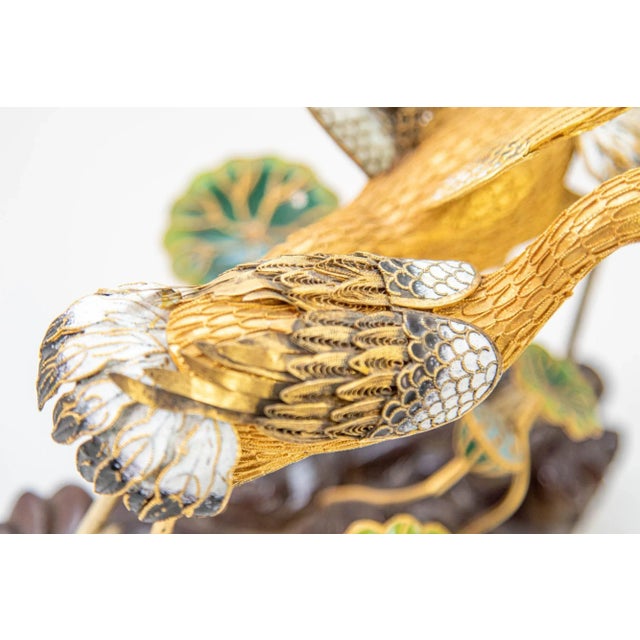 Goldenrod Vintage Chinese Metal Gilt Filigree and Enamel Cranes Figures on Wooden Stand For Sale - Image 8 of 12