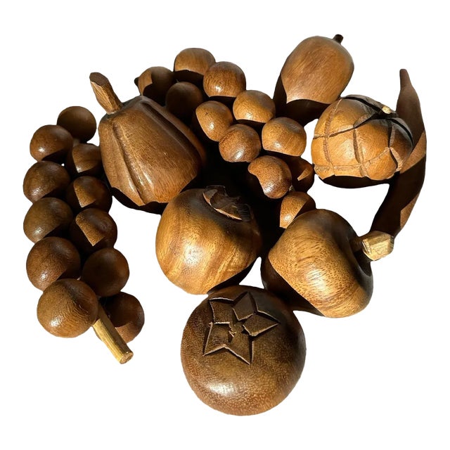 Mid Century Modern Wood Carved Fruit- Set of 9 For Sale