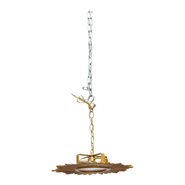 Mid 20th Century French Gilt Metal Flush Mount Sunburst Light Fixture, Rewired For Sale