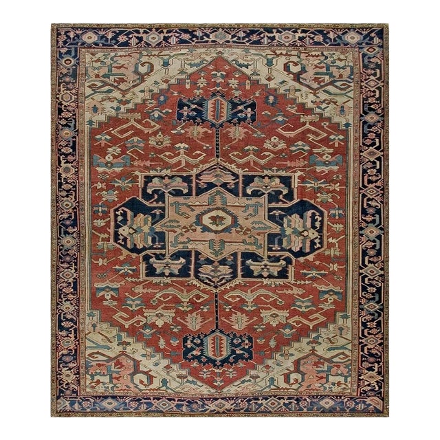1880s Square Antique Red Geometric Anchor Medallion Persian Serapi Rug For Sale