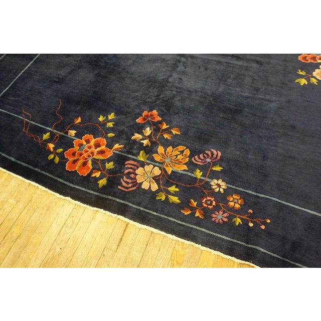 1920s Blue Navy Field Floral Antique Chinese Art Deco Carpet 9' X 11'4" Knotted Wool Rug For Sale - Image 11 of 15