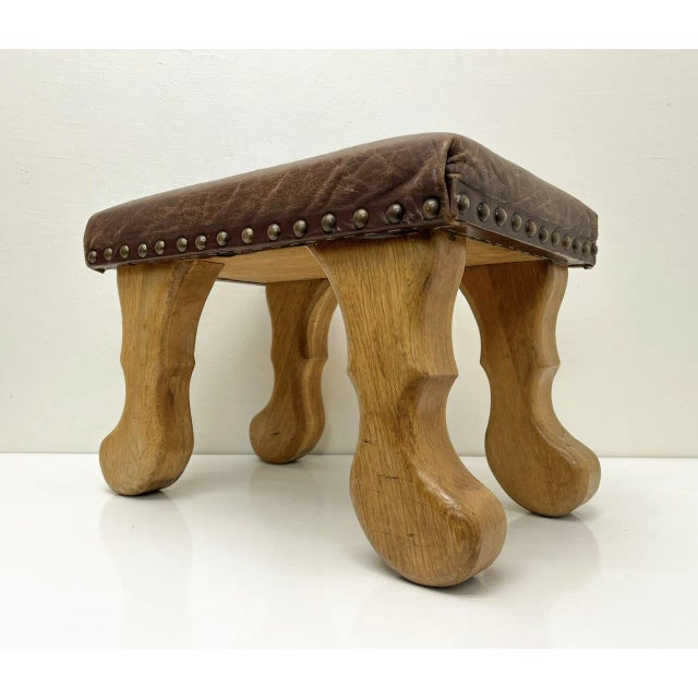 Mid-Century Modern White Oak Wood and Leather Stool, 1970s For Sale - Image 3 of 8