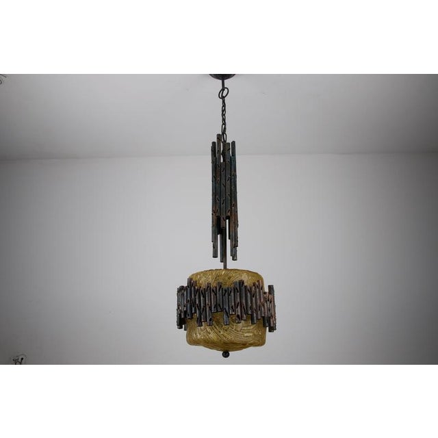 Brutalist Brutalist Metal and Textured Amber Glass Pendant Lamp, Germany, 1970s For Sale - Image 3 of 12