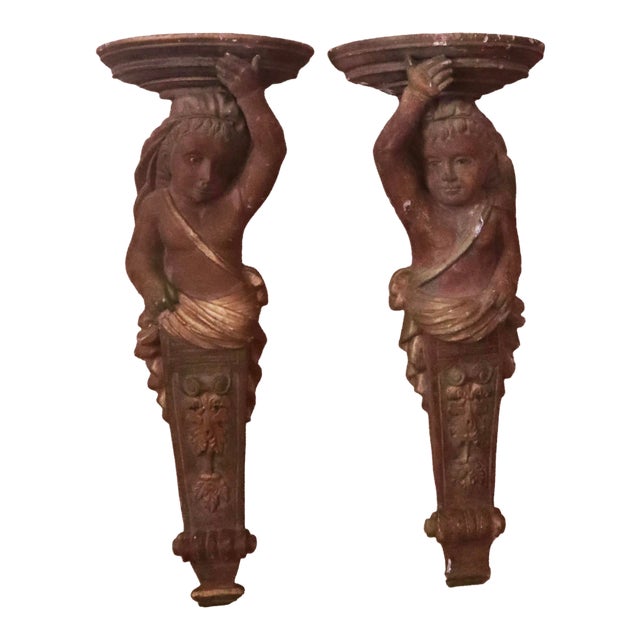 Pair of Wood Carved Caryatids For Sale