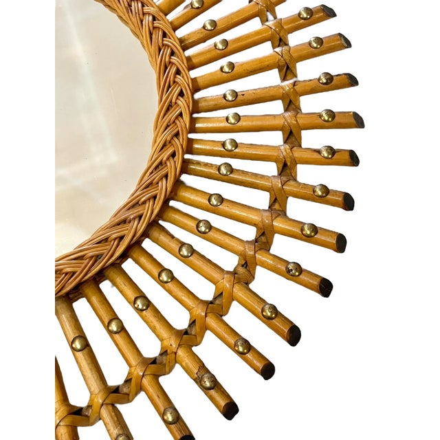 Wood Vintage Italian Rattan Bamboo Sunburst Mirror With Brass Accents For Sale - Image 7 of 14