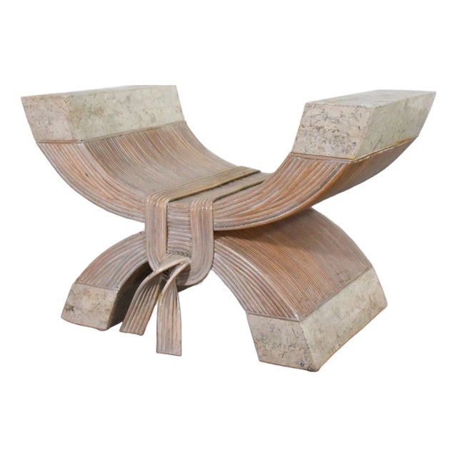 70's Betty Cobonpue Pencil Reed Ribbon and Tessellated Stone Coffee Table For Sale