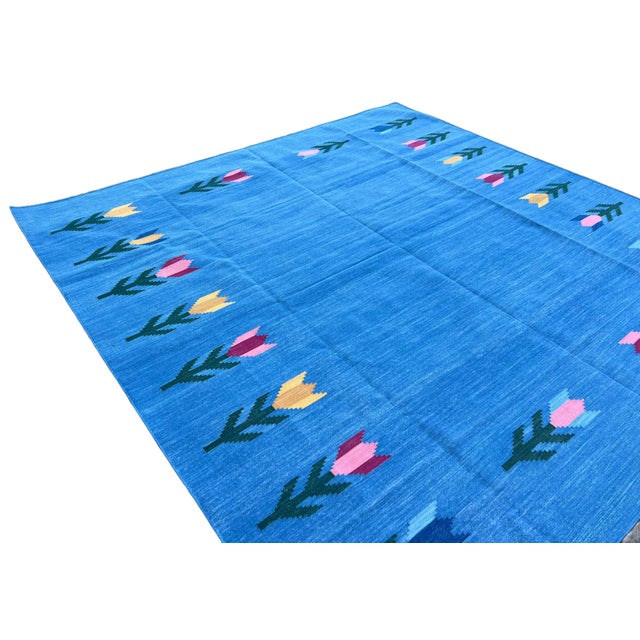 Sky Blue Handmade Cotton Rug, Natural Vegetable Dyed Sky Blue Leaf Pattern Rug Dhurrie - 8'x8' For Sale - Image 8 of 11