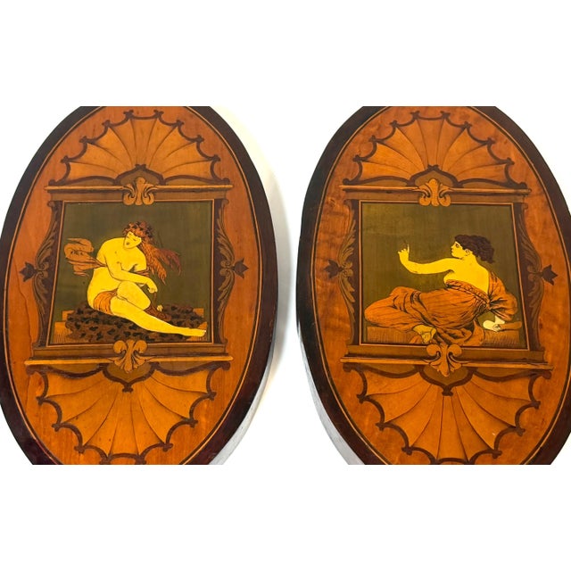 Pair 19th C. English Aesthetic Movement /Pre-Raphaelite Marquetry Muse Plaques For Sale - Image 17 of 17