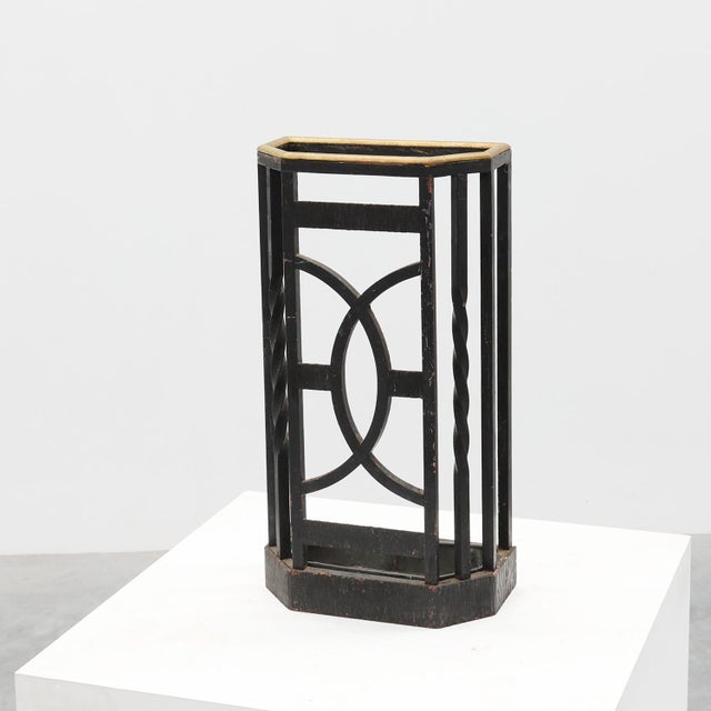 Art Deco Metal Umbrella Stand with Geometric Openwork and Brass Rim, Belgium, 1920s For Sale - Image 16 of 16