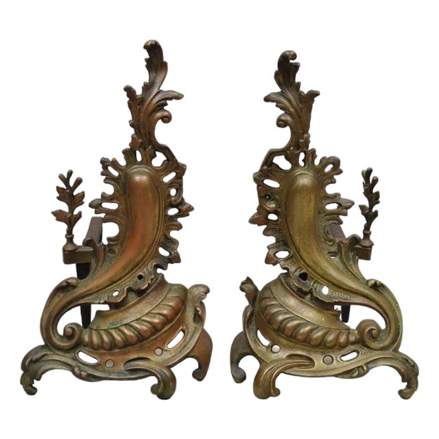 Antique French Rococo Baroque Style Brass Leafy Acanthus Andirons - A Pair For Sale
