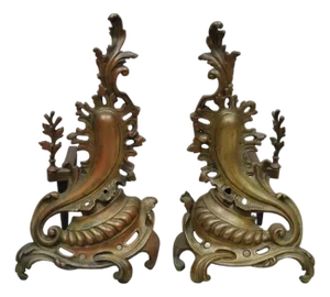 Antique French Rococo Baroque Style Brass Leafy Acanthus Andirons - A Pair