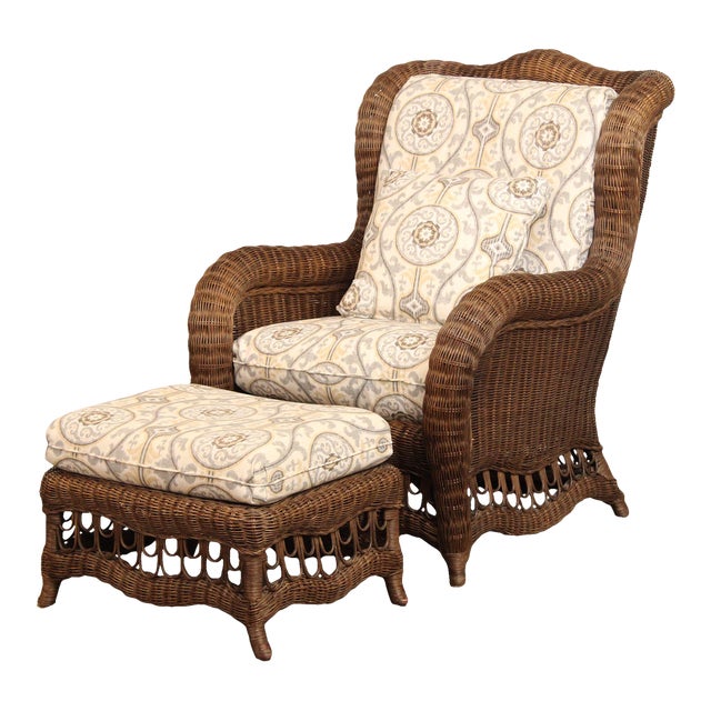 Ethan Allen Victorian Style Wicker Wing Chair and Ottoman For Sale