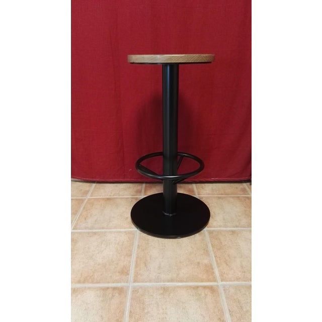 New Industrial Wrought Iron Shop Stool With Pine Wood Seat For Sale - Image 9 of 13
