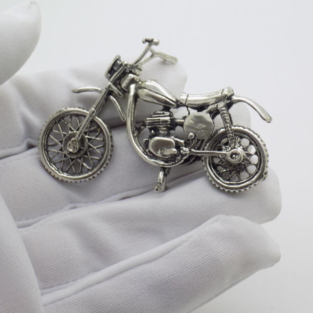 Vintage solid silver figurine depicting a motorcycle, handcrafted from individually assembled silver parts in Arezzo,...