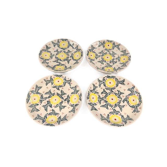 Ceramic Set of 4 Bat Trang Vietnamese Ceramic Dessert/Salad Plates With Yellow and Blue Hand Painted Floral Motifs For Sale - Image 7 of 8
