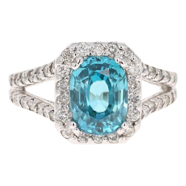 4.90 Carat Blue Zircon Diamond 14 Karat White Gold Ring, Size 7 For Sale