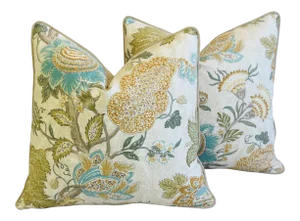 French Jacobean Floral Feather/Down Pillows 24" Square - Pair