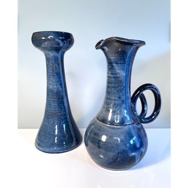 Blue Ceramic Candlestick and Vase Jug from Egebølle Keramik, Denmark, 1960s, Set of 2 For Sale - Image 8 of 18
