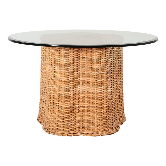 Michael Taylor Attributed Scalloped Rattan Wicker Dining Table For Sale
