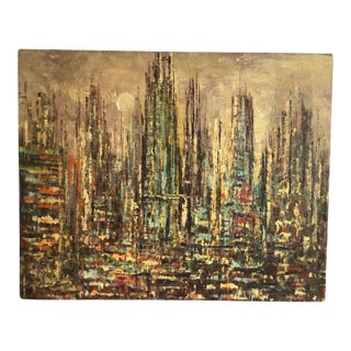 1950s Abstract Cityscape Oil Painting on Canvas Painting For Sale
