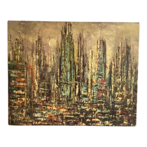 1950s Abstract Cityscape Oil Painting on Canvas Painting