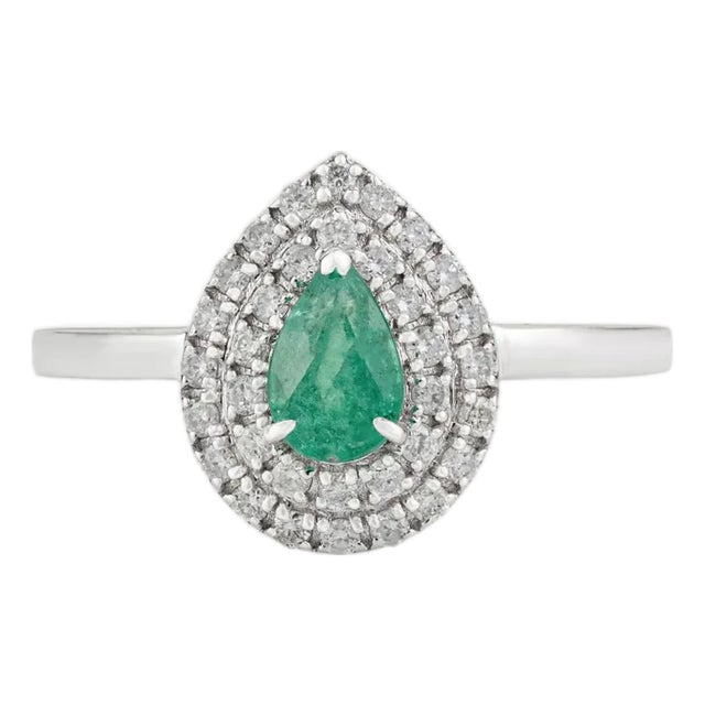 VRJewels 14k Gold Emerald Diamond Double Halo Vintage Engagement Ring Size 8 For Sale