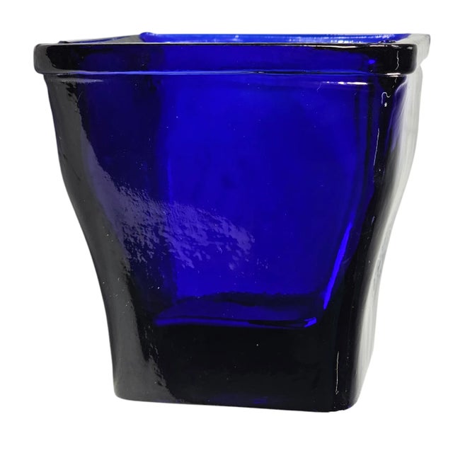 Cobalt Blue Recycled Heavy Optic Glass Square Vessel 4.75" For Sale In San Francisco - Image 6 of 9