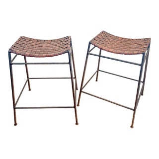 French Mid Century Industrial Style Brown Woven Leather and Iron Counter Stools After Lila Swift and Donald Monell For Sale