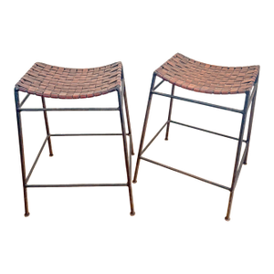 French Mid Century Industrial Style Brown Woven Leather and Iron Counter Stools After Lila Swift and Donald Monell