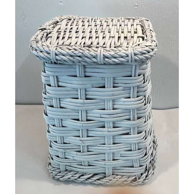 Wood Vintage White Woven Wicker Waste Basket For Sale - Image 7 of 8