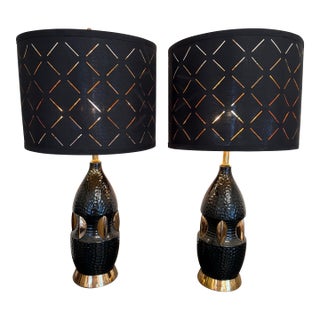 1950's Atomic Black and Gold Ceramic Lamps - A Pair For Sale
